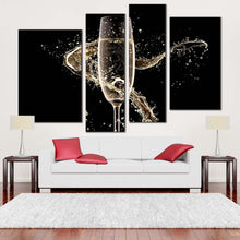 Load image into Gallery viewer, Champagne Splash Canvas Print Yellow Luxury Champagne Canvas Set Isolated Black Champagne Glass 4 Piece Canvas Print
