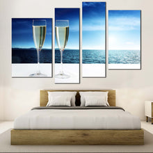 Load image into Gallery viewer, Champagne Glasses Canvas Wall Art Blue Ocean Sky Bedroom 4 Piece Canvas White Clouds Champagne Drink Canvas Print
