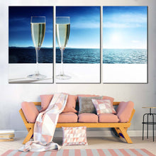 Load image into Gallery viewer, Champagne Glasses Canvas Wall Art Blue Ocean Sky  3 Piece Canvas Artwork White Clouds Champagne Drink Canvas Print For Living room
