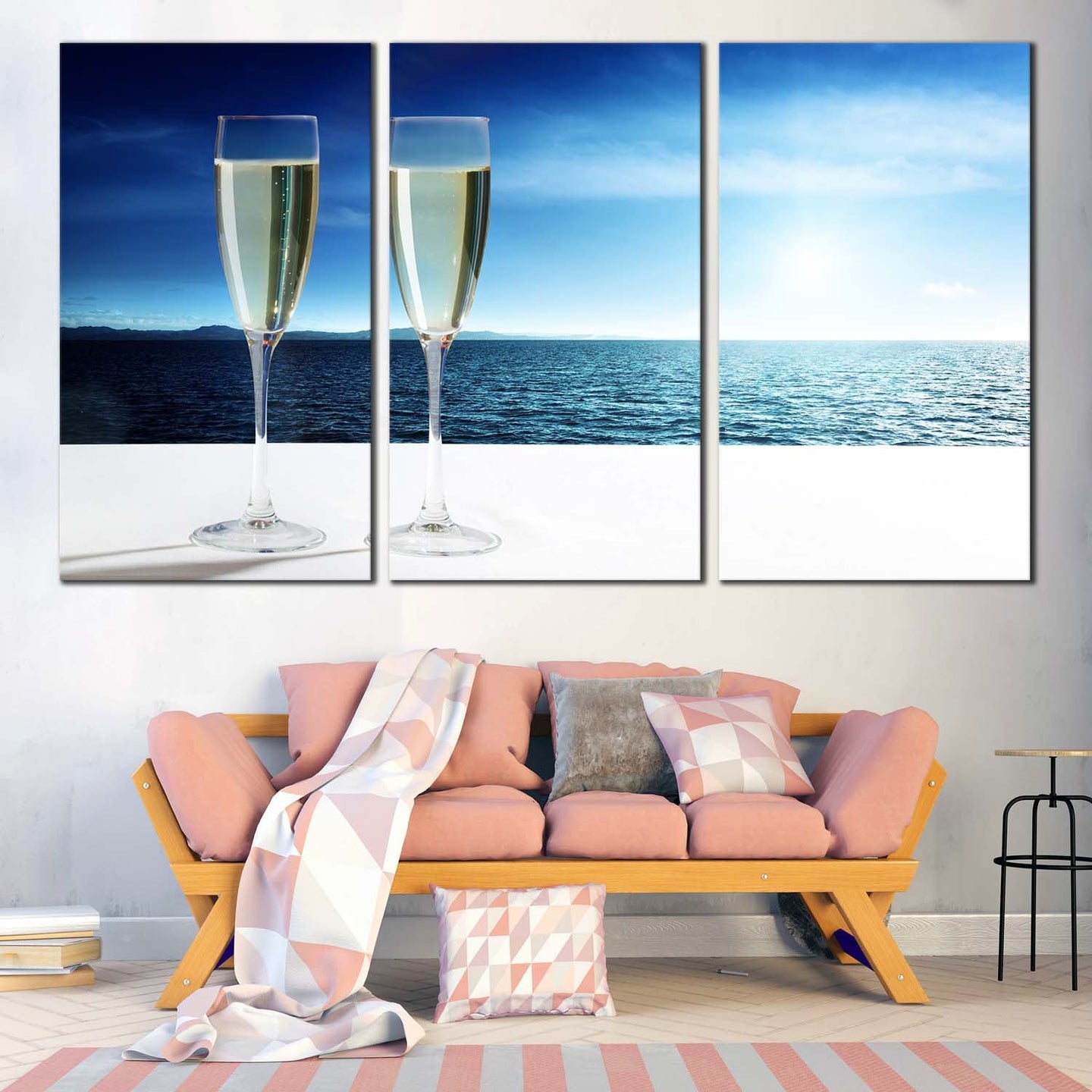 Champagne Glasses Canvas Wall Art Blue Ocean Sky  3 Piece Canvas Artwork White Clouds Champagne Drink Canvas Print For Living room