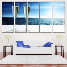 Load image into Gallery viewer, Champagne Ocean Canvas Wall Art Blue Sea Champagne Glasses View  5 Piece Canvas Print For Living Room
