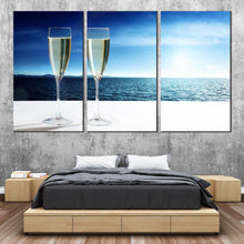 Load image into Gallery viewer, Champagne Ocean Canvas Wall Art Blue Sea Champagne Glasses View Multi Canvas Cloudy White Ocean Sky Drink Glasses Triptych Canvas Print For Bedroom
