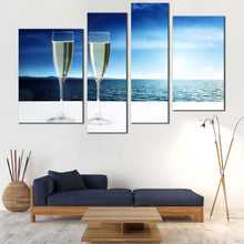 Load image into Gallery viewer, Champagne Sea Canvas Print Champagne White Cloudy Sky Living Room 4 Piece Canvas Wall Art Drink Glasses Blue Ocean View Multi Panel Canvas

