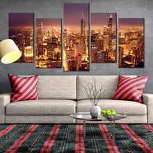 Load image into Gallery viewer, Chicago city streets buildings lights at night 5 piece wall art For Living Room
