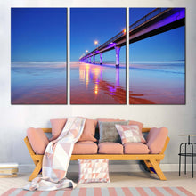 Load image into Gallery viewer, Christchurch Seascape Canvas Wall Art Blue Sky New Bringhton Pier Canvas Set Purple Pier Lights Reflection Sea  3 Piece Canvas Print
