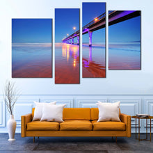 Load image into Gallery viewer, Christchurch Seascape Canvas Wall Art Blue Sky New Bringhton Pier Canvas Set Purple Pier Lights Reflection Sea  4 Piece Canvas Print 
