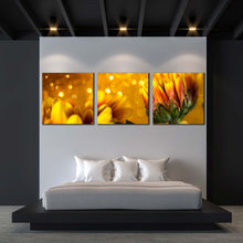 Load image into Gallery viewer, Chrysanthemum Flowers Canvas Wall Art Golden Abstract Beautiful Floral 3 Piece Canvas Set Yellow Flower Canvas Print In Bedroom
