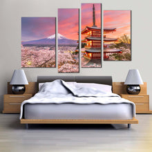 Load image into Gallery viewer, Chureito Pagoda Canvas Print White Mount Fuji Mountain 4 Piece Canvas Wall Art Japan Fujiyoshida Blossom Trees Canvas Art
