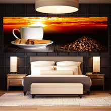 Load image into Gallery viewer, Cinnamon  Sticks  Canvas  Print  White  Cup  Of  Hot  Coffee  Canvas  Artwork  Brown  Coffee  Beans  Bedroom  1  Piece  Canvas  Wall  Art  Yellow  Red  Cloudy  Sunset  Sky  Wide  Canvas For Bedroom
