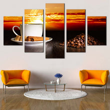 Load image into Gallery viewer, Cinnamon  Sticks  Canvas  Print  White  Cup  Of  Hot  Coffee  Canvas  Set  Brown  Coffee  Beans    5  Piece  Canvas  Wall  Art  Yellow  Red  Cloudy  Sunset  Sky  Multi  Canvas For Living room
