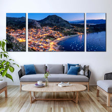 Load image into Gallery viewer, City Beach Canvas Wall Art Copacabana Evening Green Mountain City Canvas Print Blue Lake Titicaca 3 Piece Multiple Canvas In Living Room
