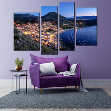 Load image into Gallery viewer, City Beach Canvas Wall Art Copacabana Evening Green Mountain City Canvas Print Blue Lake Titicaca 4 Piece Multiple Canvas In Living Room
