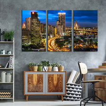 Load image into Gallery viewer, City Lights Canvas Wall Art Bankok Blue Sky Cityscape 3 Piece Canvas Set Brown City Canvas Print
