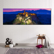 Load image into Gallery viewer, City Mountain Canvas Wall Art. Civita di Bagnoregio 1 Piece Canvas Artwork. Italy Blue Mountain Sunrise Canvas Print In Living Room
