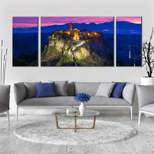 Load image into Gallery viewer, City Mountain Canvas Wall Art Civita di Bagnoregio 3 Piece Multi Canvas Artwork Italy Blue Mountain Sunrise Canvas Print In Living Room
