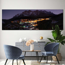 Load image into Gallery viewer, City Mountains Canvas Print Yellow Mountain Village at Night Panoramic Canvas Wall Art Blue Sky Landscape Wide Canvas For Living Room
