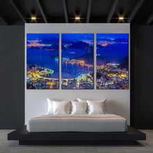 Load image into Gallery viewer, City Mountains Canvas Wall Art Brazil Blue Sugarloaf Mountain Skyline 3 Piece Multi Canvas Artwork Rio de Janeiro Yellow Citylights Canvas Print For Bedroom
