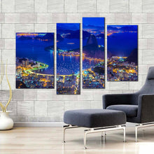 Load image into Gallery viewer, City Mountains Canvas Wall Art Brazil Blue Sugarloaf Mountain Skyline 4 Piece Multi Canvas Artwork Rio de Janeiro Yellow City Lights Canvas Print In Living room
