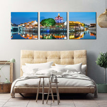 Load image into Gallery viewer, City View Canvas Wall Art City Landscape Multi Canvas Artwork Colorful City Lights Water Reflection 3 Piece Canvas Print For Bedroom
