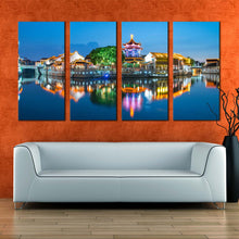 Load image into Gallery viewer, City View Canvas Wall Art City Landscape Multi Canvas Artwork Colorful City Lights Water Reflection 4 Piece Canvas Print In Living Room
