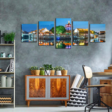 Load image into Gallery viewer, City View Canvas WallArt City Landscape Multi Canvas Artwork Colorful City Lights Water Reflection 5 Piece Canvas Print
