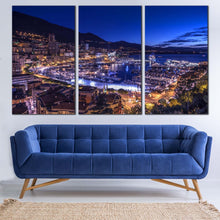 Load image into Gallery viewer, City Beach Canvas Wall Art Blue Sky Monaco City Mountains 3 Piece Multi Canvas Yellow City Lights Harbors Canals Canvas Print For Living Room
