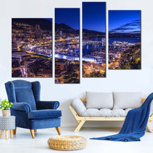Load image into Gallery viewer, City Beach Canvas Wall Art Blue Sky Monaco City Mountains 4 Piece Multi Canvas Yellow City Lights Harbors Canals Canvas Print
