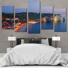 Load image into Gallery viewer, City Beach Canvas Wall Art Green France Etretat Village Cliff  5 Piece Canvas Print Blue Normandy Ocean Multi Canvas Artwork For Bedroom
