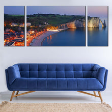 Load image into Gallery viewer, City Beach Canvas Wall Art Green France Etretat Village Cliff  3 Piece Canvas Print Blue Normandy Ocean Multi Canvas Artwork For Living Room
