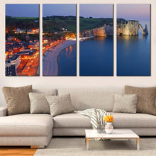 Load image into Gallery viewer, City Beach Canvas Wall Art Green France Etretat Village Cliff  4 Piece Canvas Print Blue Normandy Ocean Multi Canvas Artwork For Living Room
