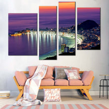 Load image into Gallery viewer, City Beach Canvas Wall Art Purple Rio de Janeiro Ocean  4 Piece Canvas Set Orange Sky Copacabana Beach Canvas Print For Living Room
