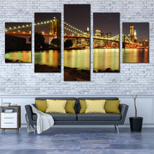 Load image into Gallery viewer, City  Bridge  Canvas  Print  Brooklyn  Bridge  Illuminated  At  Night  5  Piece  Canvas  Wall  Art  Yellow  New  York  Skyline Canvas  Set  Grey  NYC  Sky  Multi  Canvas For Living room
