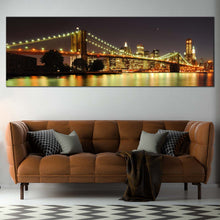 Load image into Gallery viewer, City Bridge Canvas Print Brooklyn Bridge Illuminated At Night Living Room 1 Piece Canvas Wall Art Yellow New York Skyline Canvas Set Grey NYC Sky Multi Canvas In Living Room
