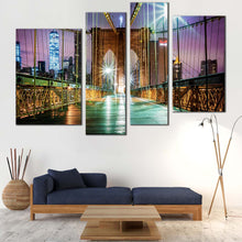 Load image into Gallery viewer, City Bridge Canvas Wall Art New York City Purple Sky Canvas Print Green Brooklyn Bridge at Night 4 Piece Multi Canvas Artwork For Your Living Room
