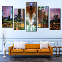 Load image into Gallery viewer, City Bridge Canvas Wall Art New York City Purple Sky Canvas Print Green Brooklyn Bridge at Night 5 Piece Multi Canvas Artwork For Your Living Room
