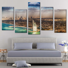 Load image into Gallery viewer, City Skyline Canvas Print Dubai Green Umm Suqeim Beach  5 Piece Canvas Wall Art Brown City Sea Multi Canvas For Bedroom
