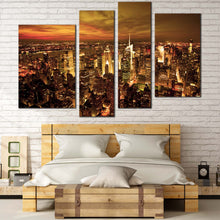 Load image into Gallery viewer, City Skyline Canvas Wall Art Beautiful Brown New York City  4 Piece Canvas Print Dramatic Yellow Cloudy Sky Canvas Artwork For Bedroom
