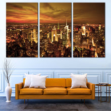 Load image into Gallery viewer, City Skyline Canvas Wall Art Beautiful Brown New York City  3 Piece Canvas Print Dramatic Yellow Cloudy Sky Canvas Artwork In Living Room
