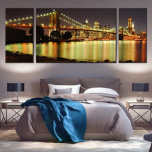 Load image into Gallery viewer, City  Skyline  Canvas  Wall  Art  Grey  NYC  Sky  Multi  Canvas  Artwork  Brooklyn  Bridge  Illuminated  At  Night  Canvas  Print  Yellow  New  York  City  Bedroom  3  Piece  Canvas  Set For Bedroom
