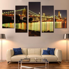 Load image into Gallery viewer, City  Skyline  Canvas  Wall  Art  Grey  NYC  Sky  Multi  Canvas  Artwork  Brooklyn  Bridge  Illuminated  At  Night Canvas  Print  Yellow  New  York  City  5  Piece  Canvas  Set In Living Room
