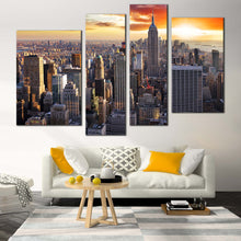 Load image into Gallery viewer, City Skyline Canvas Wall Art Grey New York Cityscape Canvas Print Beautiful Manhattan Yellow Sunset Sky 4 Piece Multi Canvas
