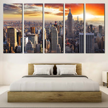 Load image into Gallery viewer, City Skyline Canvas Wall Art Grey New York Cityscape Canvas Print Beautiful Manhattan Yellow Sunset Sky 5 Piece Multi Canvas For Bedroom
