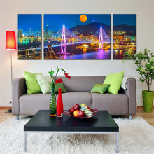 Load image into Gallery viewer, Cityscape Bridge Canvas Wall Art Bridge in Busan Port 3 Piece Canvas Set Colorful City Mountains Moon Canvas Print In Living Room
