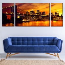 Load image into Gallery viewer, Cityscape  Sunset  Canvas  Wall  Art  Brooklyn  Bridge  at  Yellow  Sunset  Canvas  Print  Yellow  Manhattan  Sunset  Sky  Canvas In Living Room

