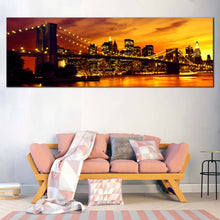 Load image into Gallery viewer, Cityscape  Sunset  Canvas  Wall  Art  Brooklyn  Bridge  at  Yellow  Sunset  Canvas  Print  Yellow  Manhattan  Sunset  Sky  Wide  Canvas  New  York  Skyline In Living Room
