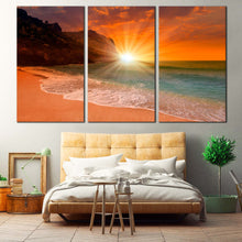 Load image into Gallery viewer, Cleopatra Ocean Canvas Wall Art Orange Sky Ocean Beach Multi Canvas Artwork Turkey Sand Beach Yellow Sunrise  3 Piece Canvas Print For Bedroom
