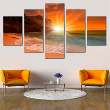 Load image into Gallery viewer, Cleopatra  Ocean  Canvas  Wall  Art  Orange  Sky  Ocean  Beach  Multi  Canvas  Artwork  Turkey  Sand  Beach  Yellow  Sunrise 5  Piece  Canvas  Print In Living Room
