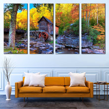 Load image into Gallery viewer, Clifftop Virginia Canvas Wall Art Yellow Trees Fall Mountain River Multi Canvas Old Grist Mill  4 Piece Canvas Green Babcock State Park Canvas For Living Room
