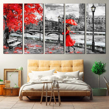 Load image into Gallery viewer, Clock Tower Canvas Print London Red Tree Umbrella Couple Canvas Set Black and White Big Ben  5 Piece Canvas Wall Art In Bedroom
