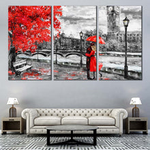 Load image into Gallery viewer, Clock Tower Canvas Print London Red Tree Umbrella Couple Canvas Set Black and White Big Ben  3 Piece Canvas Wall Art For Living Room
